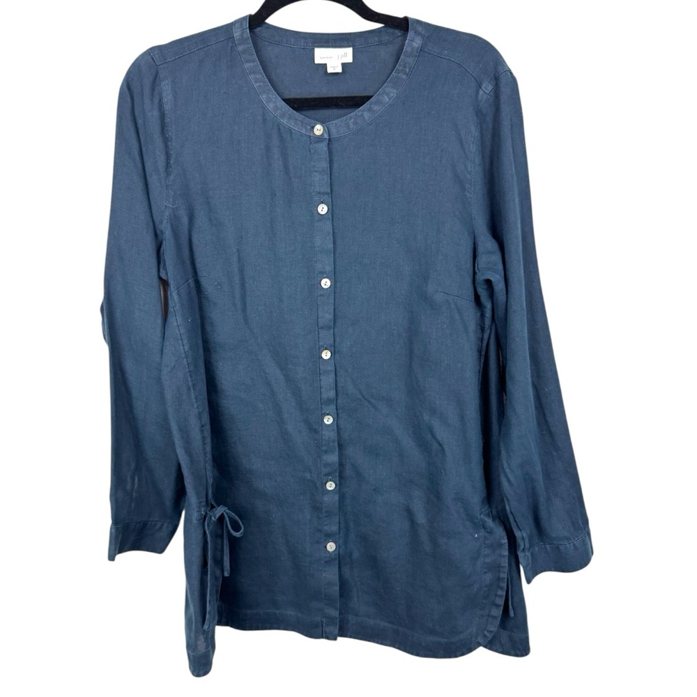 J. Jill Love Linen Navy Blue Button Down Shirt with side ties M